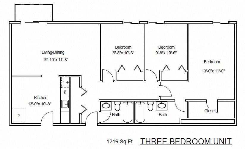 Three Bedrooms, Two Bathrooms Floor Plan 4